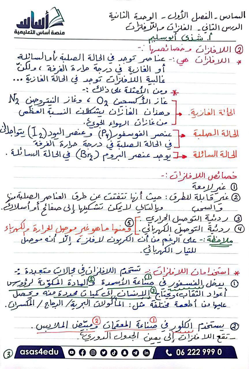 تليخص الدرس الثاني الفلزات و اللافلزات مادة العلوم للصف السادس الوحدة الثانية 2026